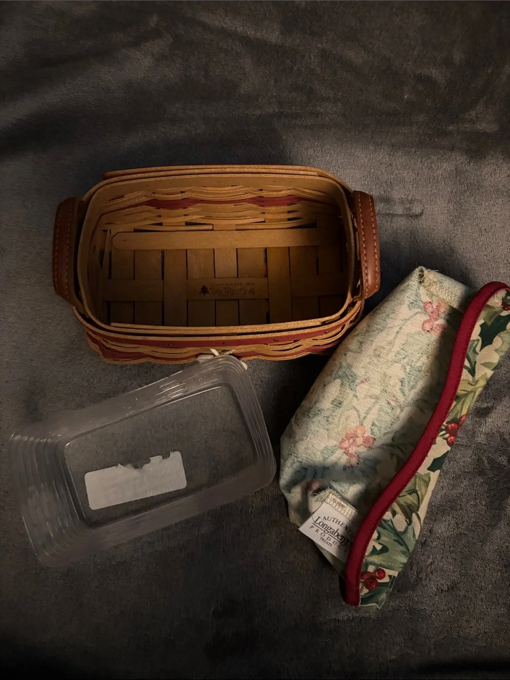 Longaberger Brown Basket with Red Trim and Floral Liner